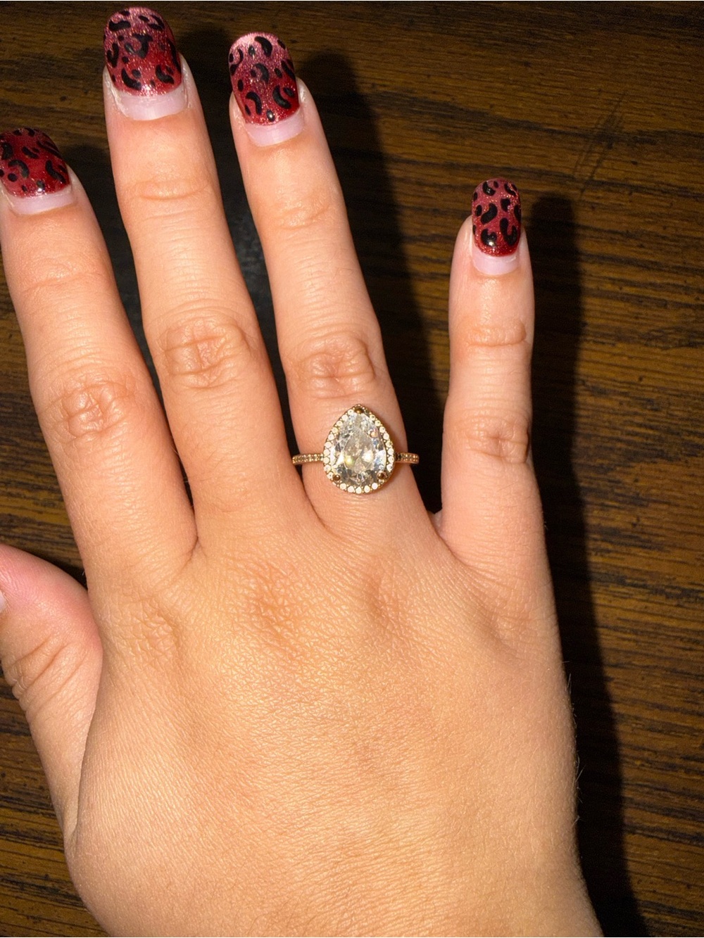 Rose Gold Teardrop Halo Ring with Clear Center Stone - Women Jewelry